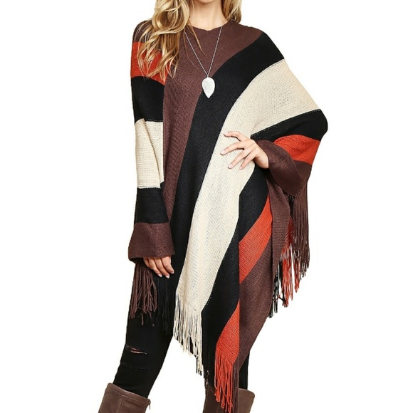 Sweaters - Colorblock Knit Fringe Poncho